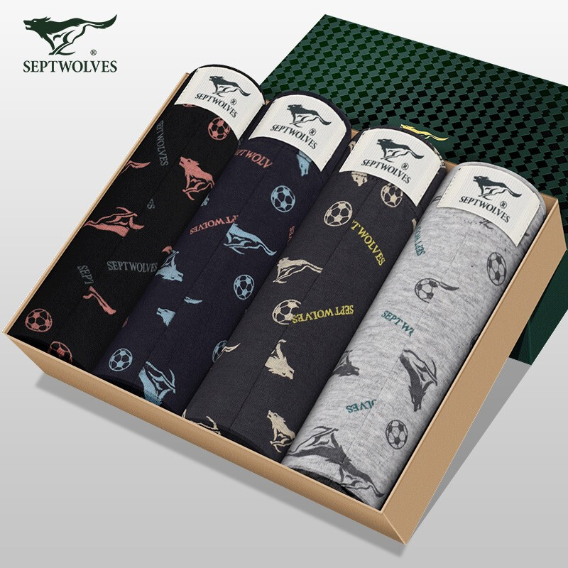 Seven wolves underwear men's bacteriostatic pure cotton men's underwear boxers printed middle waist comfortable and breathable Boxer Shorts men's 4-Pack running wolf mixed color 1 pure cotton bacteriostatic 4XL