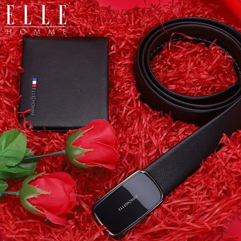 Elle Homme men's Belt Wallet Gift Box set top leather short Wallet + top leather automatic buckle belt 0301 black (Valentine's Day gift for boyfriend)