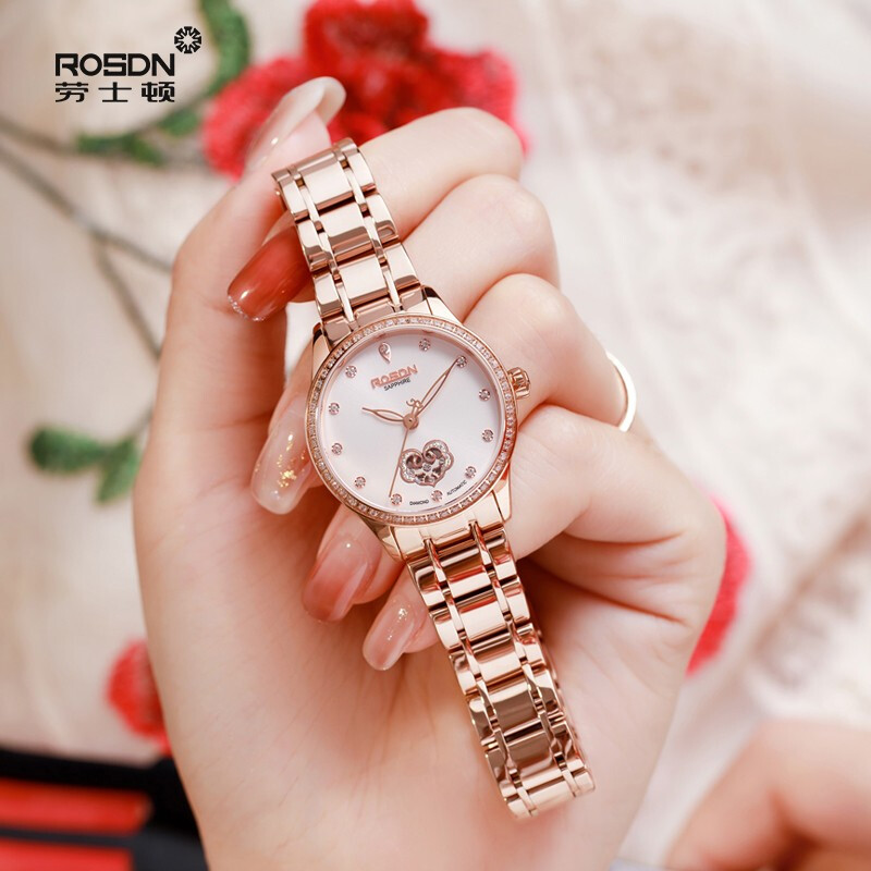 Roseton (rosdn) watch women's imported movement women's mechanical watch national style Ruyi diamond inlaid women's watch rose gold white face [holiday gift]