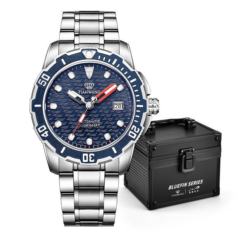 Tianwang watch bluefin series pro200m diving sports watch steel belt mechanical men's watch blue face silver belt gs201180s D.S.U