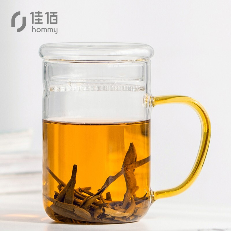 Jiabai glass tea making cup thickened tropical resistant filter tea separation cup household green tea cup office black tea cup yellow handle filter straight cup 470ml