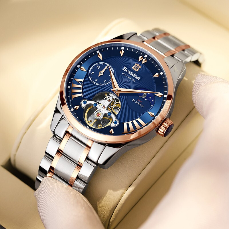 Bestdon men's watch men's mechanical watch full automatic large dial hollow Tourbillon waterproof luminous watch leisure business domestic watch fine steel strap bd7113g-b08
