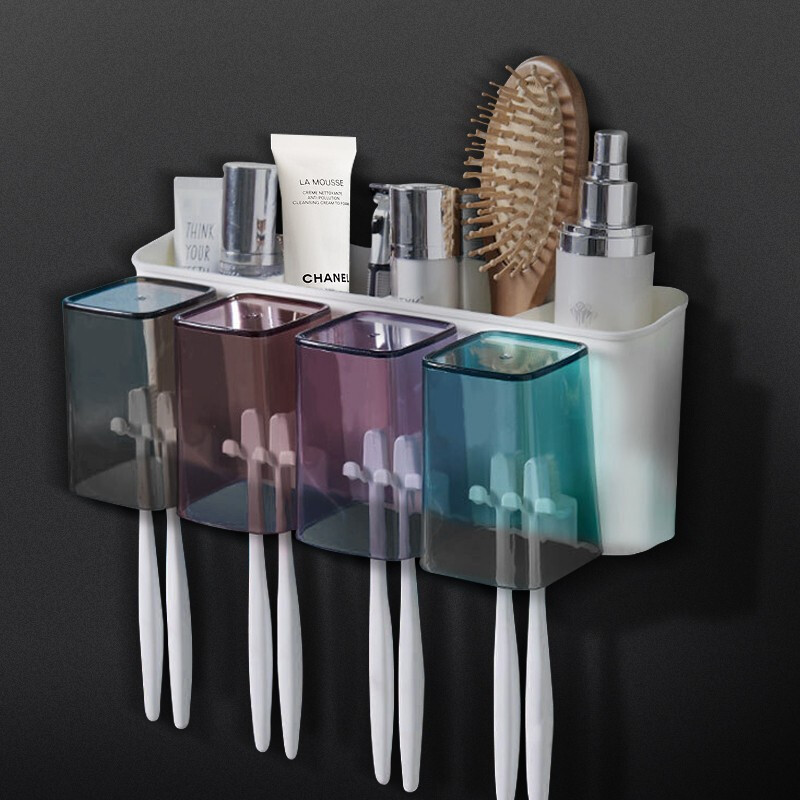 Jajalin toothbrush shelf hole free wall mounted mouthwash cup holder dust-proof toothbrush cup set holder toothpaste holder bathroom washstand shelf for four people