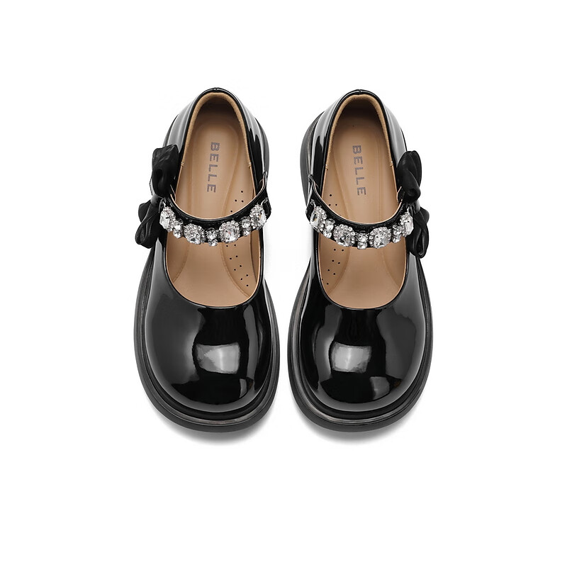 百丽精致水钻皮鞋童2023秋季新商场同款魔术贴玛丽珍鞋A3528C83 黑色 28