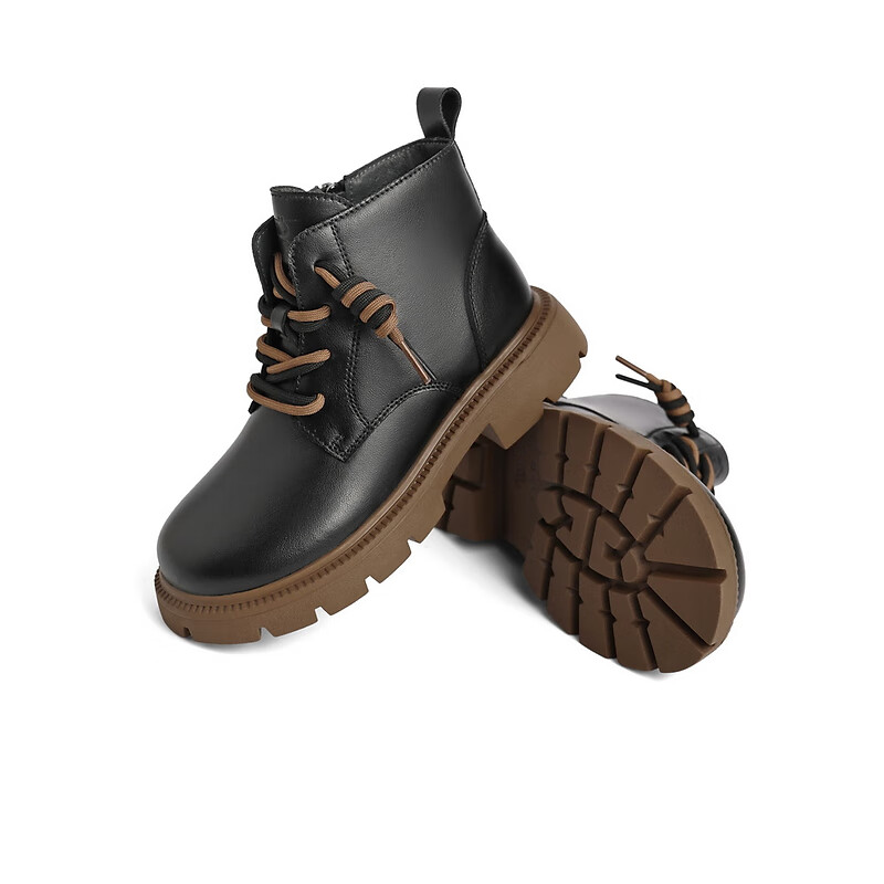 百丽童鞋双色鞋带马丁靴女商场同款抽绳皮靴90930D92 黑色-薄绒 32