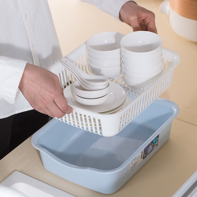 茶花（CHAHUA） 茶花欧式带盖碗碟架放碗架收纳盒沥水架装碗筷收纳箱碗柜置物 【小号】1818蓝色35*26.3*16.5cm