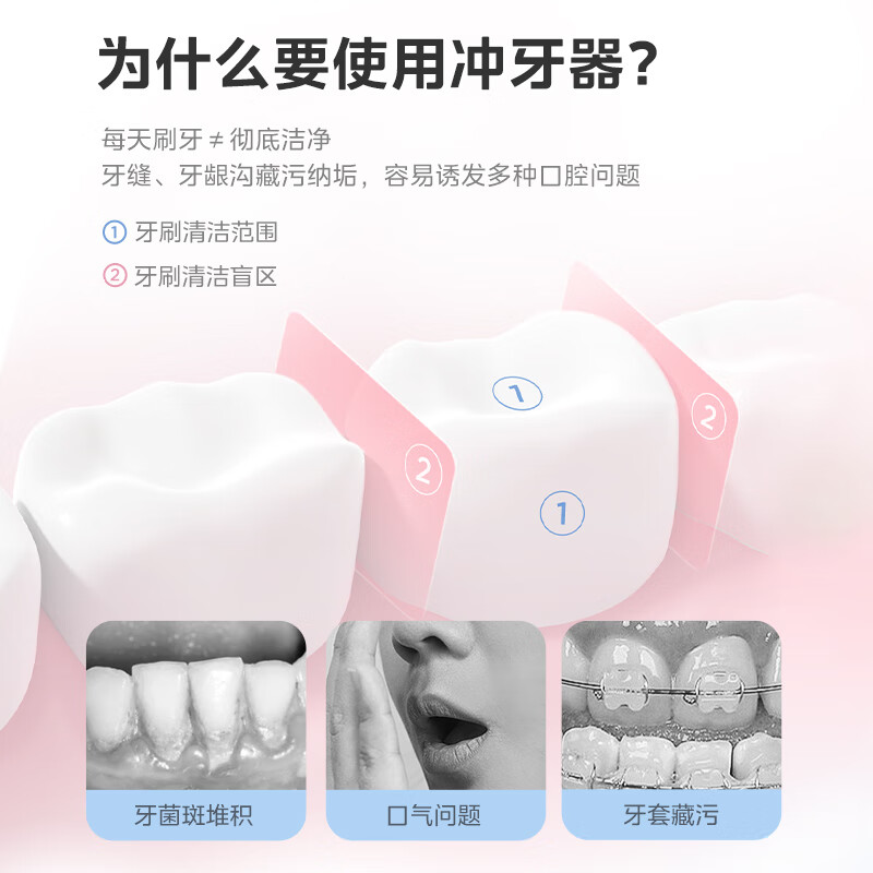 美的（Midea）冲牙器 手持立式洗牙器 声波微气泡水牙线 4档模式3种喷嘴 260ml大水箱 礼物 奶茶杯 粉