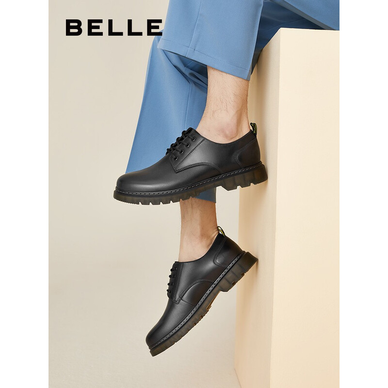 百丽牛皮商务休闲皮鞋男百搭马丁鞋子橡胶底86181CM0 黑 42