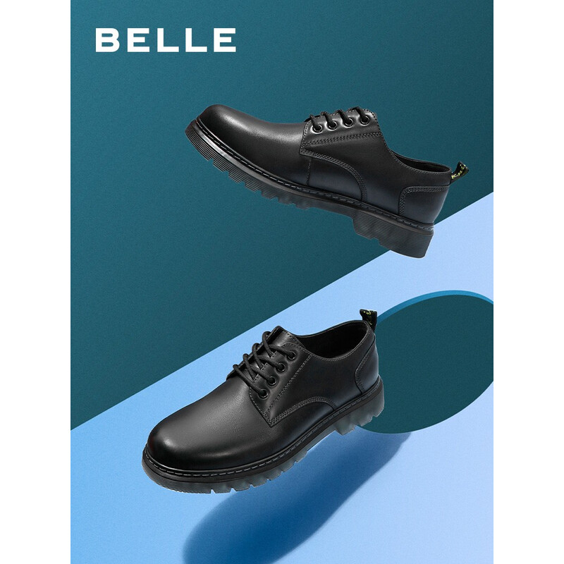 百丽牛皮商务休闲皮鞋男百搭马丁鞋子橡胶底86181CM0 黑 42