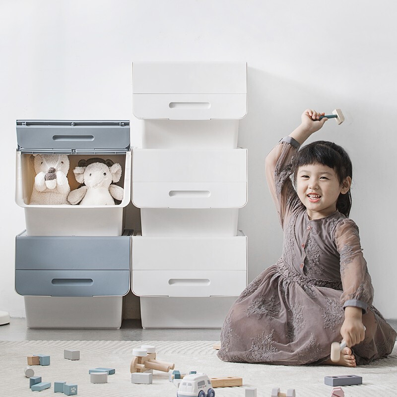 茶花（CHAHUA）收纳箱塑料收纳盒儿童玩具整理箱储物箱斜口前开叠加侧开收纳柜 【浅蓝灰】3个装 大号34L【45.5*38*31cm】