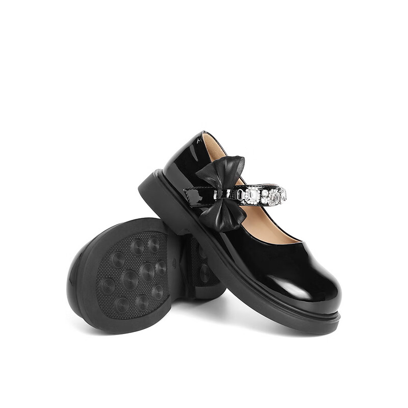 百丽精致水钻皮鞋童2023秋季新商场同款魔术贴玛丽珍鞋A3528C83 黑色 28