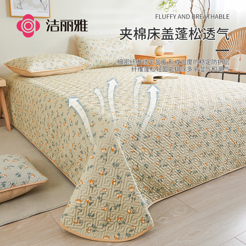 洁丽雅（Grace）夹棉床盖 全棉床单单件印花纯棉加厚双人床罩 春野花开 200*230cm