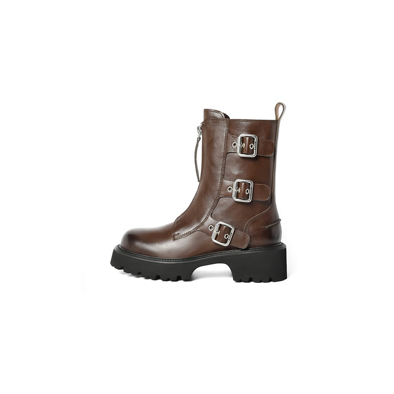 百丽个性金属扣机车靴女23冬季新款潮流百搭休闲靴BEM67DZ3预售 啡色 37