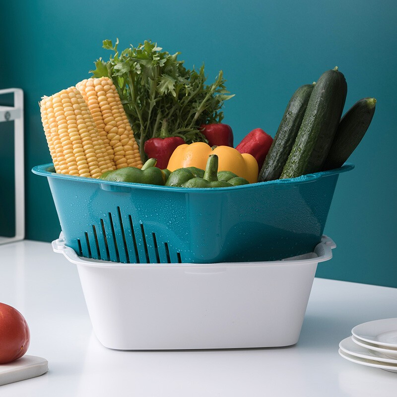 茶花（CHAHUA） 茶花洗菜盆时尚滤水筛两用果蔬沥水筛沥水篮滤水筐水果盘随机色 蓝色 大中小号组合装共3个