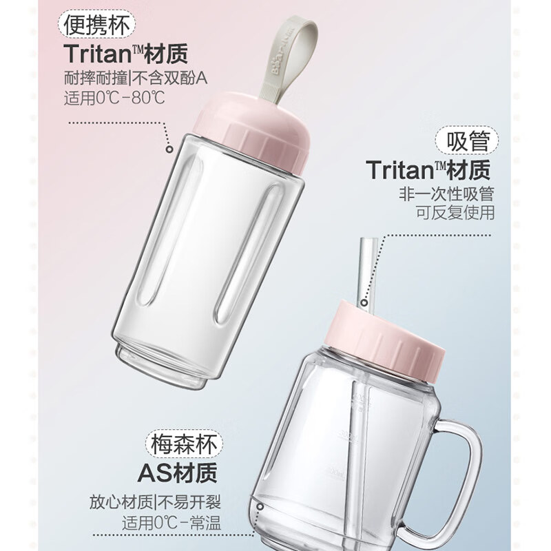 小熊（Bear） 便携式榨汁机家用迷你水果小型炸果汁机料理机电动多功能榨汁杯随身携带 LLJ-C04W1 粉色双杯