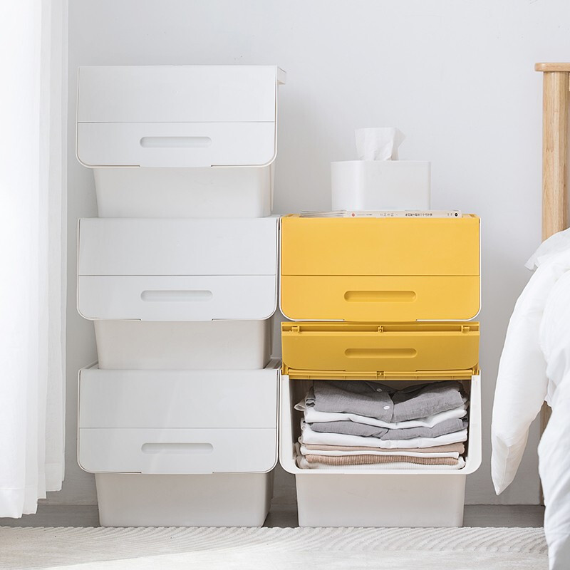 茶花（CHAHUA）茶花34L收纳箱塑料化妆品收纳盒儿童玩具零食整理箱储物箱斜口前开个性叠加收纳柜 莫兰迪色-深蓝色大号 34L*2个装（实测45.5*38*31）