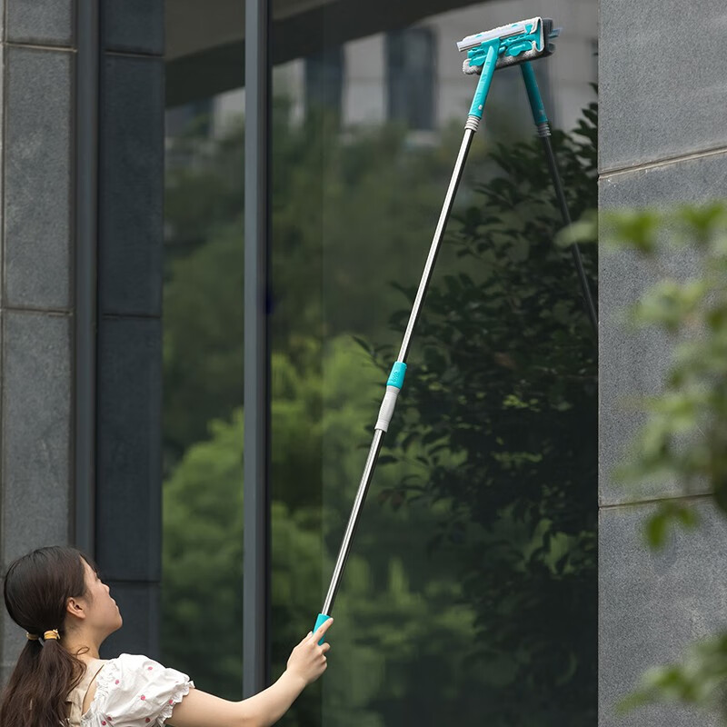 茶花擦玻璃神器双面清洗擦窗器家用伸缩杆窗户刮洗清洁工具 玻璃刮水 升级款【灰色杆1.45米】