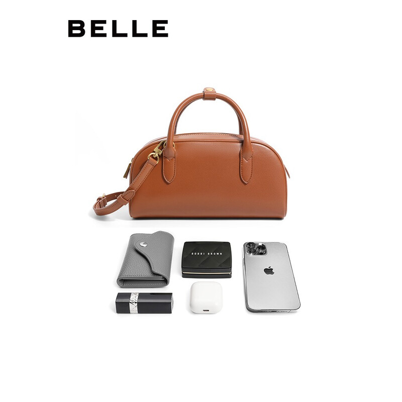 百丽复古简约保龄球包肩斜挎手提包X6288CX2 焦糖棕 F