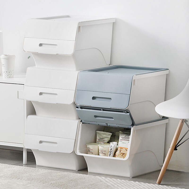 茶花（CHAHUA）茶花34L收纳箱塑料化妆品收纳盒儿童玩具零食整理箱储物箱斜口前开个性叠加收纳柜 莫兰迪色-深蓝色大号 34L*2个装（实测45.5*38*31）