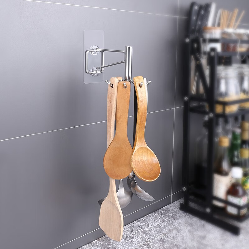 Home care free drilling rotatable hook kitchen stainless steel nail free traceless sticking hook pot shovel spoon kitchenware hanger