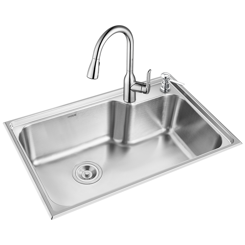 摩恩moen厨房水槽套装304不锈钢洗菜盆洗碗槽洗菜池大单槽685mm配抽拉