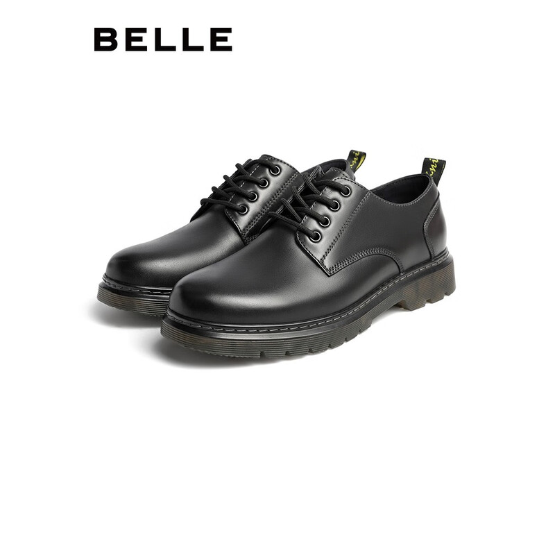 百丽牛皮商务休闲皮鞋男百搭马丁鞋子橡胶底86181CM0 黑 42