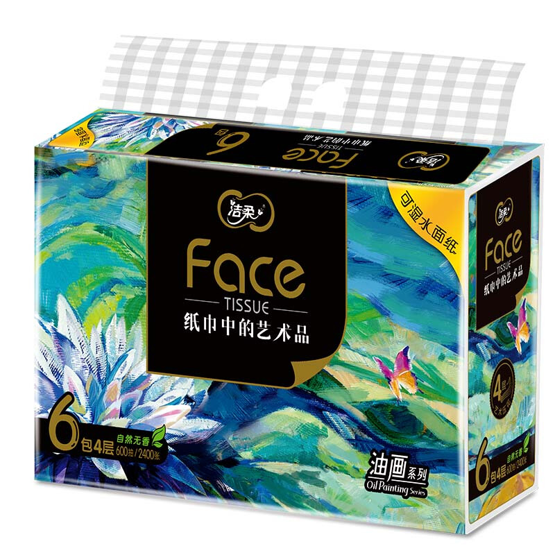 洁柔抽纸 油画Face加厚4层100抽面巾纸*6包(L号 触感柔软 可湿水)