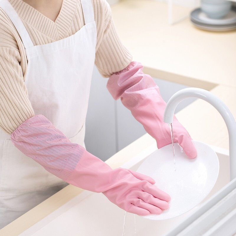 茶花加绒家务手套厨房洗碗刷碗橡胶套袖pvc耐磨洗衣服耐用冬季 蓝色-袖套款加绒 三双装