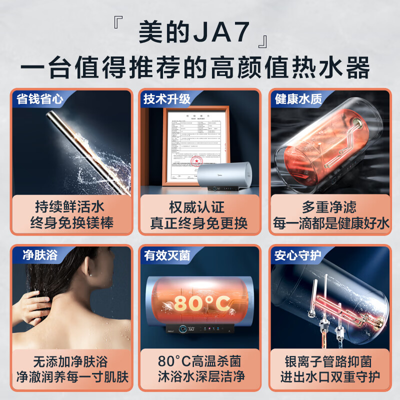 美的（Midea）电热水器60升一级能效美肤洗F6032-JA7(HE)+小天鹅滚筒洗衣机10公斤紫外线除菌T1B 两件套