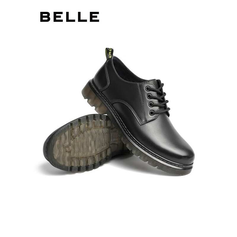 百丽牛皮商务休闲皮鞋男百搭马丁鞋子橡胶底86181CM0 黑 42