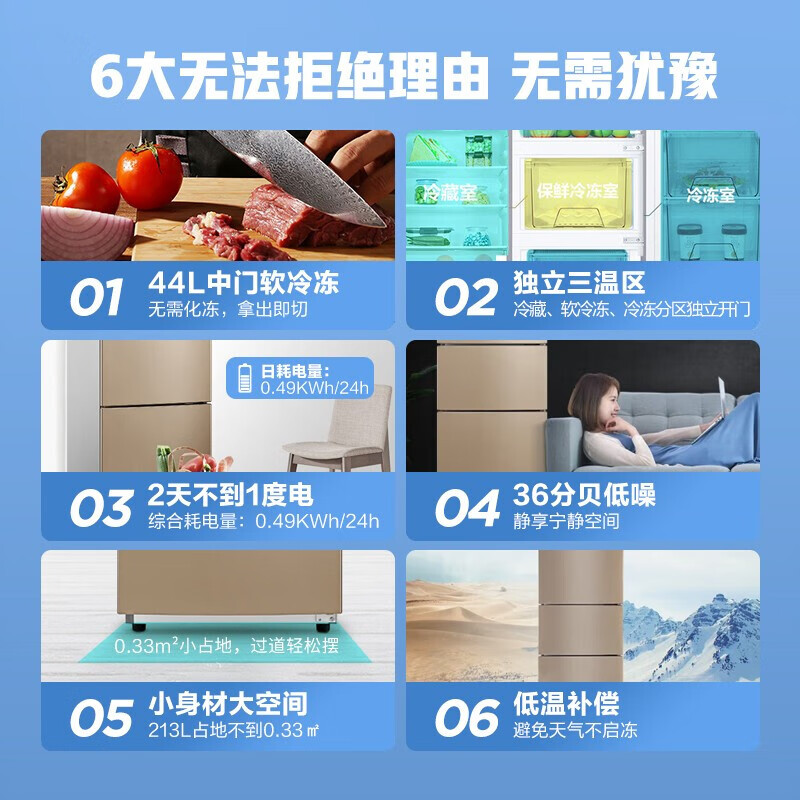 美的（Midea）213升三门三温区租房家用小冰箱三开门大容量中门软冷冻节能省电低音BCD-213TM(E)以旧换新
