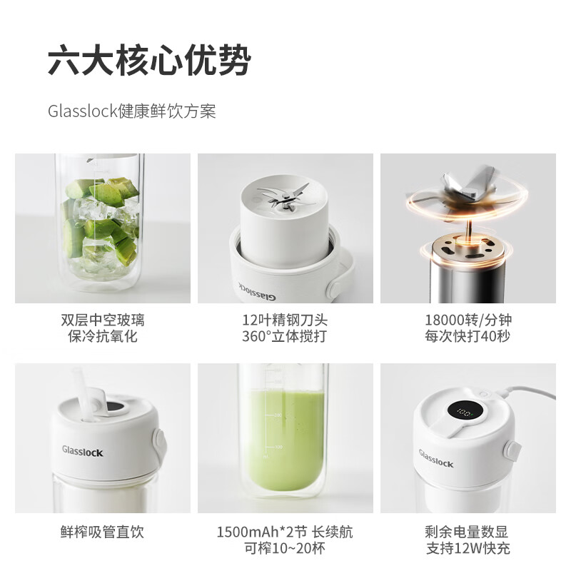 GLASSLOCK榨汁杯双层保冷便携式榨汁机无线小型可碎冰玻璃果汁机 GE-JU03WH榨汁杯