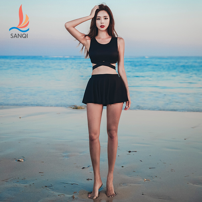 Sanqi swimsuit women's split skirt conservative student sports slim and belly covering sexy Korean girl hot spring swimsuit 19005 black m Jingdong self operated