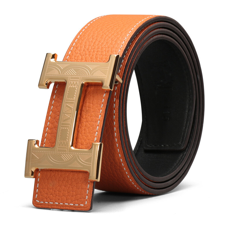 5. V. Brown fashion men's belt new top leather casual leather plate buckle belt men's stainless steel pants belt men's gift box orange
