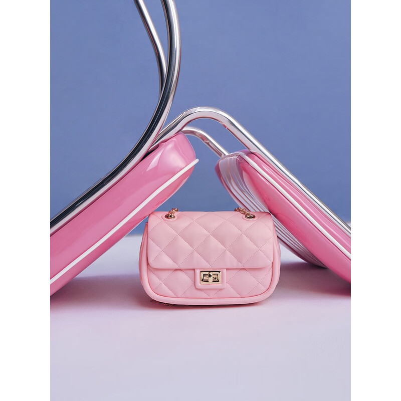 百丽菱格包包女2023夏季新款简约休闲小香风单肩斜挎绗缝包X9085BX3 粉色 F