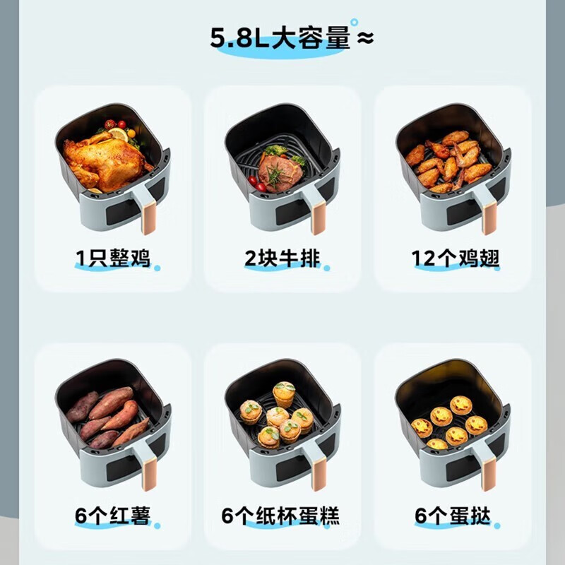 美的（Midea） 空气炸锅家用可视化温度时间双控新款智能多功能电气炸锅机大容量薯条机 MF-KZE5881（5.8升可视化窗口）