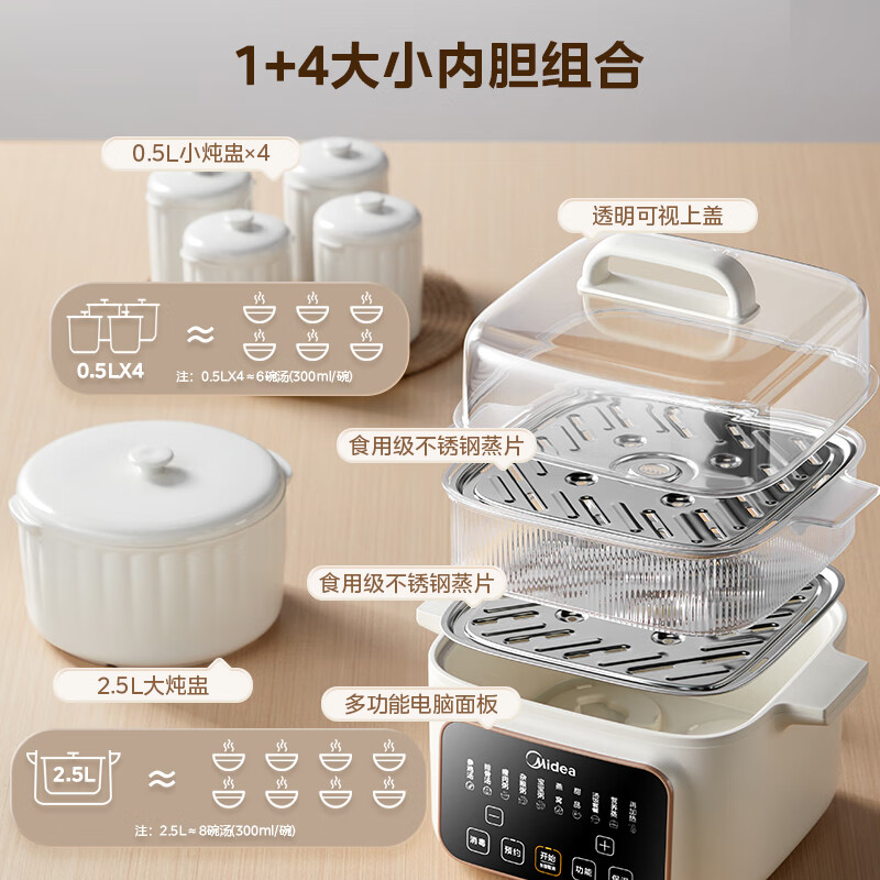 美的（Midea）电炖锅 电炖盅 煲汤炖汤锅 蒸锅电蒸锅 隔水炖锅婴儿辅食煮粥锅 燕窝炖盅 MD-DZC2502 2.5L