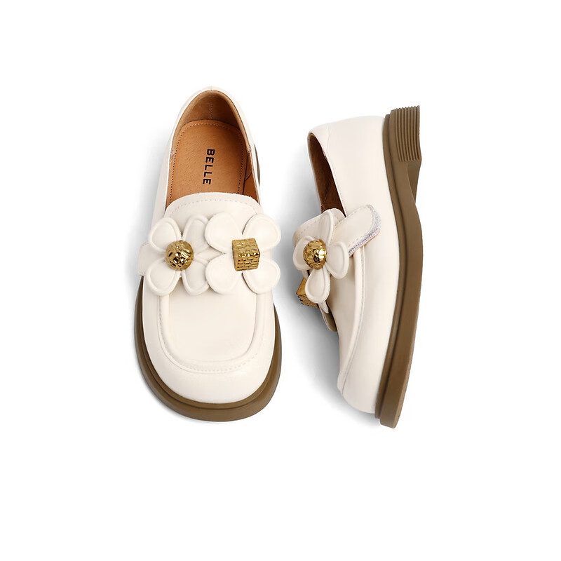 百丽甜美花朵皮鞋女商场同款软萌乐福鞋22978C82 米色 32