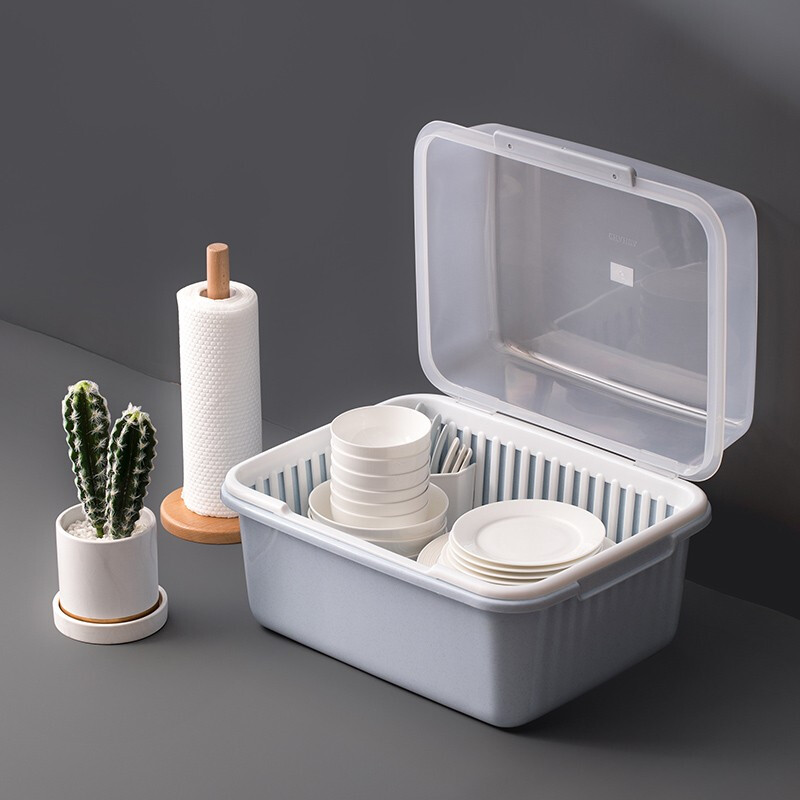 茶花（CHAHUA） 茶花欧式带盖碗碟架放碗架收纳盒沥水架装碗筷收纳箱碗柜置物 粉色 【大号】【1817可立碟/带筷筒/分体式盖】