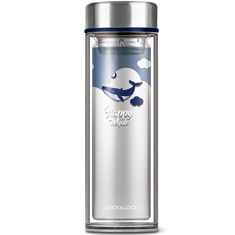 Lock & lock glass water cup ocean double-layer heat-resistant glass tea cup cartoon male and female student cup with tea net water bottle 320ml blue llg627blu