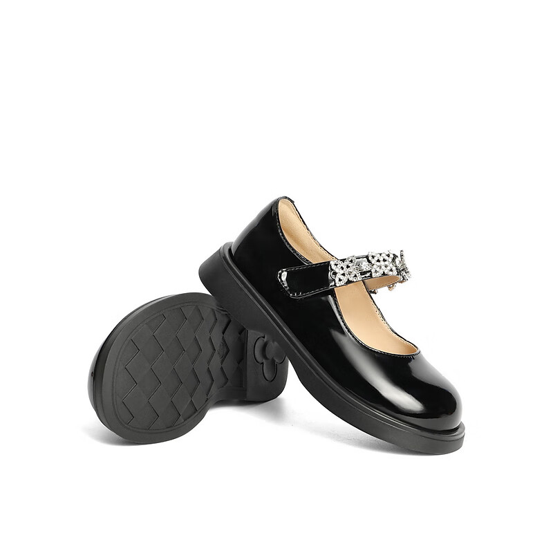 百丽玛丽珍鞋童鞋2023秋季新商场同款精致钻带魔术贴小皮鞋3NR13C83 黑色 30