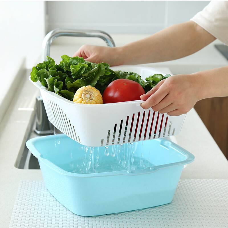 Accor vegetable washing basin double-layer plastic fruit and vegetable vegetable washing basin square drainage basket large kitchen drainage basket yg-c048