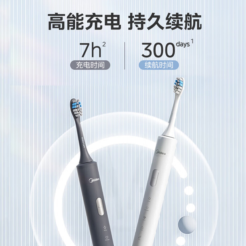 美的（Midea）电动牙刷成人/学生 声波震动 300天长续航 智能换区 软毛刷头*2 七夕情人节礼物 情侣款 小米白