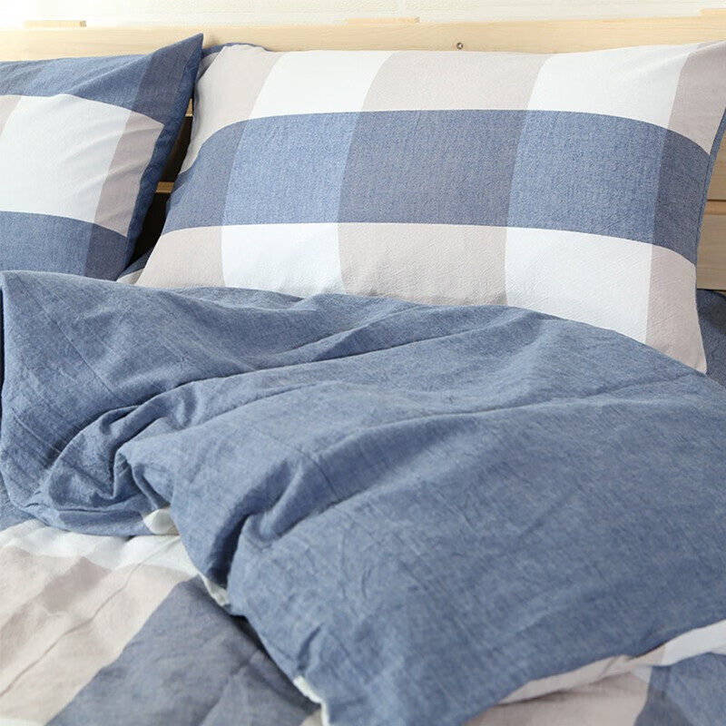 三极户外（Tri-polar）TP2980 床上用品日式无印风格水洗棉格子三件套 床单款 1.2米床 蓝大格