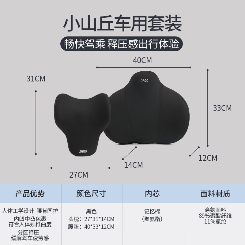 佳奥（JAGO）小山丘车用套装护腰靠垫办公椅靠背汽车头枕久坐车靠枕记忆棉腰垫 黑色套装（头枕+腰靠）