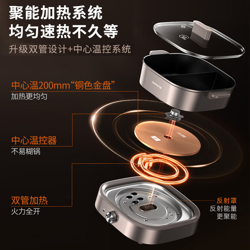 九阳（Joyoung）鸳鸯电火锅大容量大功率家用多功能分体式锅鸳鸯电煮锅2-5人 【6L鸳鸯锅 分体式 多档火力 配煎烤盘】