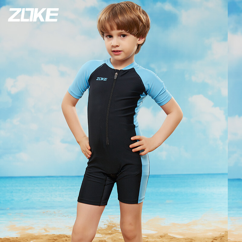 Zhouke Zoke professional children's one-piece swimsuit boys and girls' one-piece boxer pants short sleeve swimsuit training swimsuit ll56o4419 Black / light blue 130-60-53 (12)