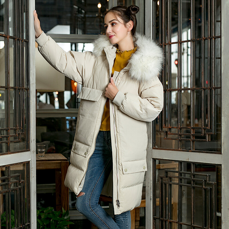Intercrew down jacket women's 2018 winter new Korean version simple leisure and versatile medium and long large wool collar down jacket women's ics4ud54a milky 90 / M