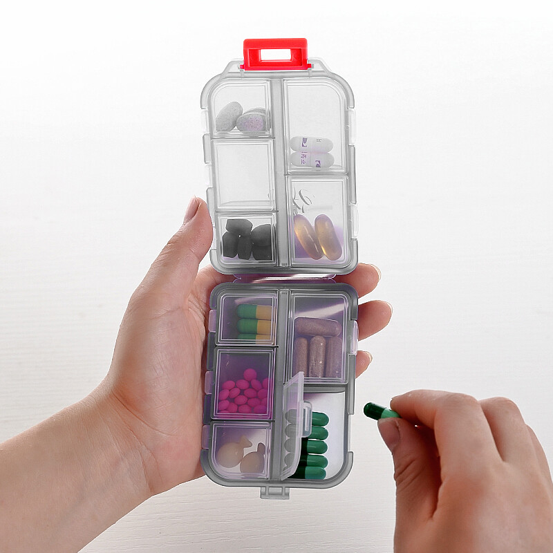 Bangini portable medicine box Japanese Mini 10 grid small medicine box portable storage box medicine box one week Travel Portable tablets and pills sub charging box gray