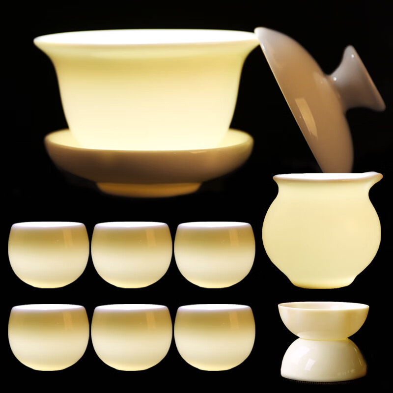 Yuanqing China white porcelain tea set (multipotent) handmade lanolin jade such as Zhiyu Kung Fu tea set Luohan cup set (9 pieces)